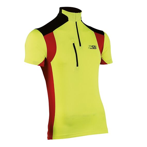 Pánské sportovní tričko s krátkým rukávem, stojáčkovým límcem a zipem na hrudi, určené pro cyklistiku.