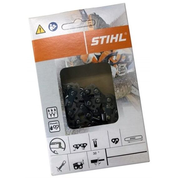 Řetěz na motorovou pilu STIHL v originálním obalu s ikonami pro správné použití, včetně úhlů a typů ozubených článků.
