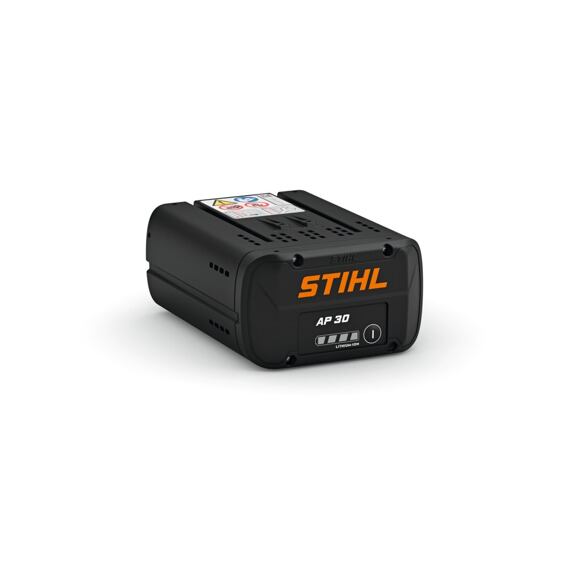 Nabíjecí lithium-iontová baterie STIHL AP 30 s indikátorem stavu nabití určená pro zahradní a lesní stroje.