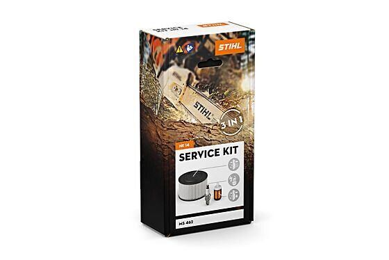 Balení servisního kitu obsahující olejový filtr, vzduchový filtr a zapalovací svíčku pro motorovou pilu STIHL MS 462.