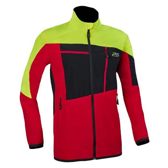 Sportovní funkční bunda s celopropínacím zipem, kapsami na zip a barevným blokovým designem v červené, černé a žluté barvě.