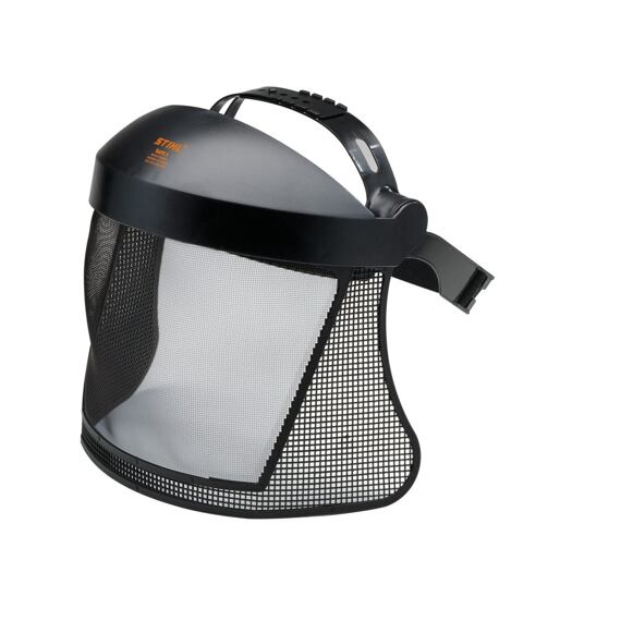 Ochranný štít s ventilovanou mřížkou a nastavitelným páskem na hlavu pro ochranu obličeje při práci.