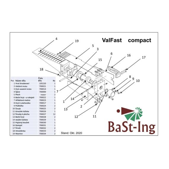 Schéma rozloženého mechanismu ValFast compact s názvy, čísly a počtem dílů, technickým popisem a logem BaSt-Ing.