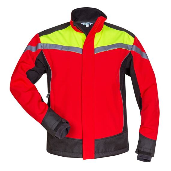 Pracovní bunda s vysokou viditelností v červené, černé a žlutozelené barvě, s reflexní páskou přes prsa a rukávy, zapínání na zip a suché zipy na manžetách.