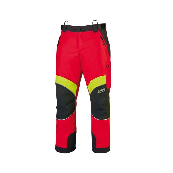 Pracovní kalhoty s REIS barevným označením, zesílenými koleny a boční kapsou, určené pro zvýšenou bezpečnost a odolnost při práci.
