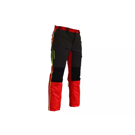 Pracovní kalhoty s kapsami, zesílenými koleny a výraznými barevnými prvky určené pro komfort a ochranu při náročných činnostech.
