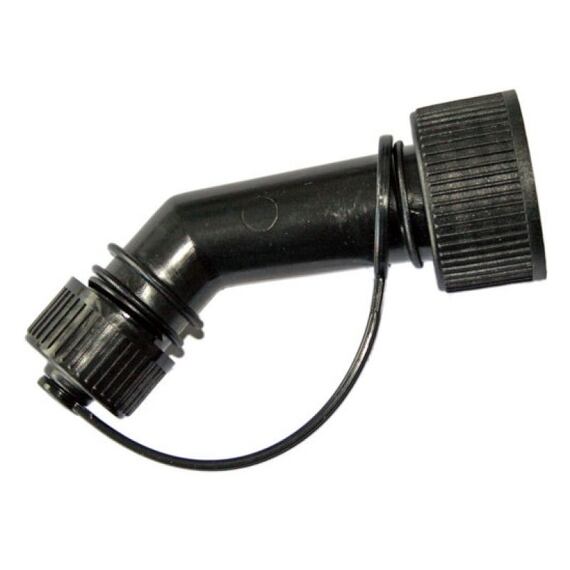 Plastová sací trubka s dvěma šroubovacími uzávěry spojenými páskem pro ochranu před ztrátou.