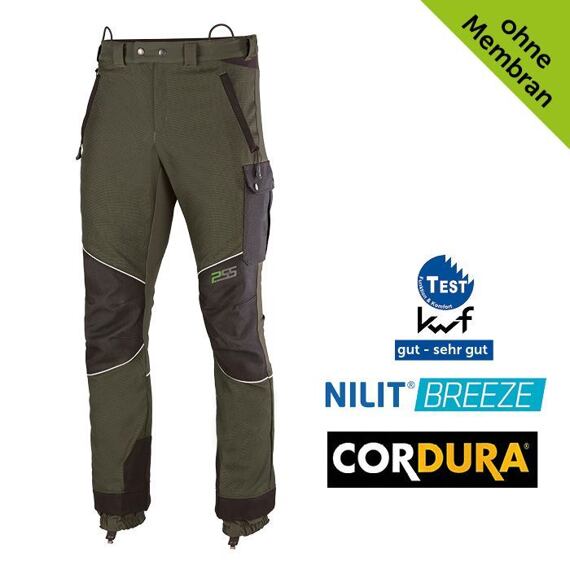 Pracovní kalhoty s zesílenými koleny a boční kapsou na druk, vhodné pro outdoor aktivity, vyrobené z prodyšných a odolných materiálů NILIT Breeze a Cordura, bez membrány, s certifikací KWF pro komfort a odolnost.