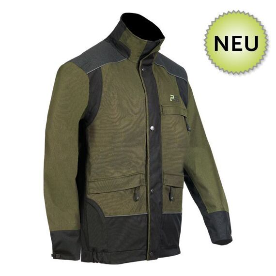 Outdoorová bunda s vysokým límcem a několika kapsami, určená pro volnočasové aktivity nebo lehkou práci, označená jako nový produkt.