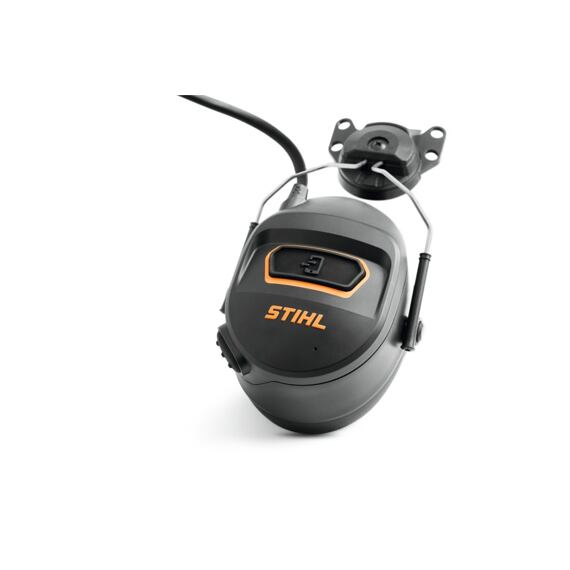 Ochranný sluchátka a funkcí elektrického ovládání, určený pro bezpečnost při práci, s logem STIHL.