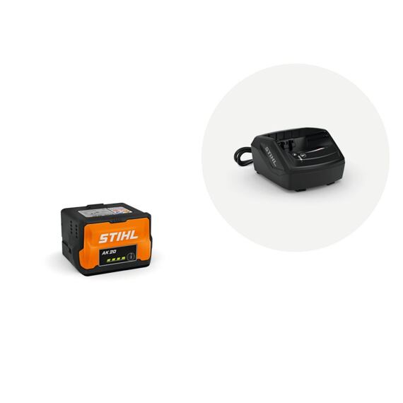 Nabíjecí baterie STIHL AK 20 vedle nabíječky určené pro akumulátory stejné značky.