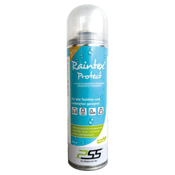 Spray na impregnaci oděvů a obuvi určený pro lesní a outdoorové použití, s obsahem 500 ml, značka Raintex Protect.