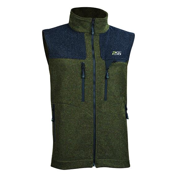 Pánská zateplená vesta s vysokým límcem, zapínáním na zip a několika kapsami na zip, vhodná pro venkovní aktivity.