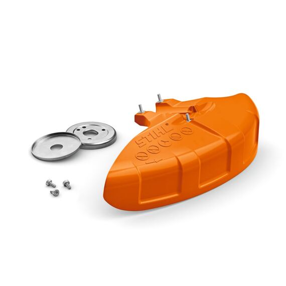 Ochranný kryt se třemi upevňovacími šrouby a dvěma kovovými krytkami, součást k zahradnímu nářadí STIHL.