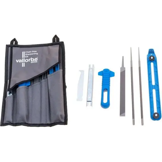 Sada na broušení řetězové pily obsahující pouzdro, háček na řetěz, měrku hloubky, brusný držák, diamantovou a plochou pilníkovou tyč, nůž na čištění a modrý držák s kolečky pro vedení pilníků.