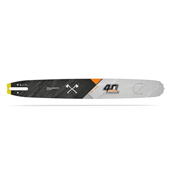 Vodicí lišta řetězové pily STIHL Rollomatic ES Light s logem 40 let STIHL Timbersports a symbolem křížových sekyr.
