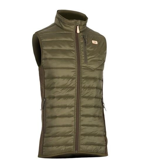 Pánská prošívaná vesta bez rukávů s vysokým límcem a zapínáním na zip, vybavená kapsami na zip.