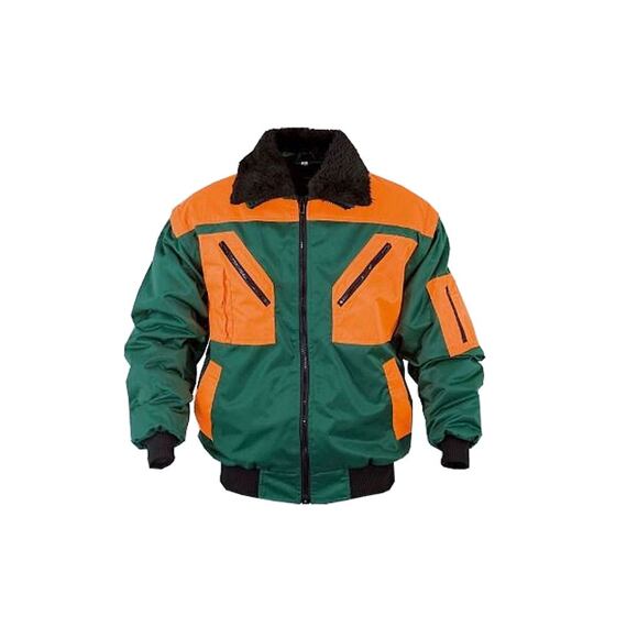 Zimní pracovní bunda s vysokou odolností, zipem na přední straně, několika kapsami a zatepleným límcem.