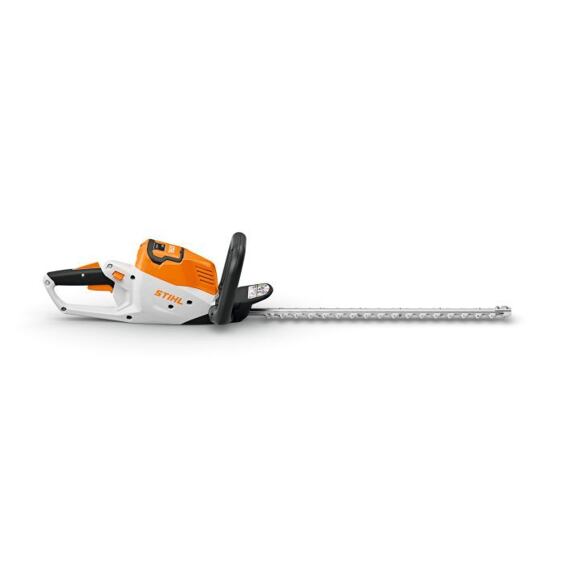 Akumulátorové elektrické nůžky na živý plot značky STIHL s dlouhou řezací lištou a ergonomickou rukojetí.
