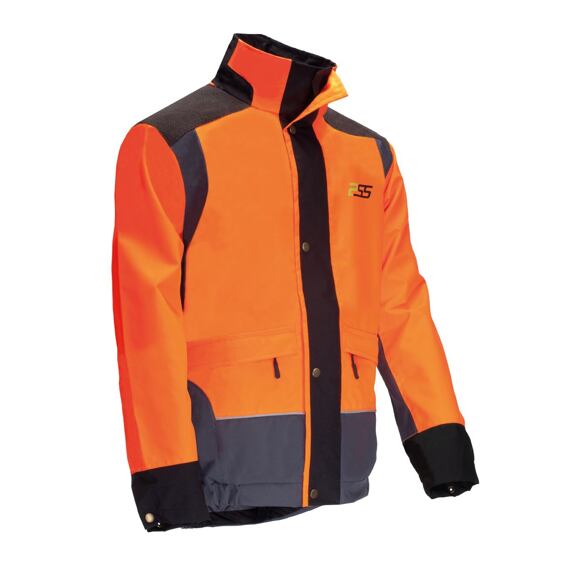 Pracovní bunda s vysokou viditelností v oranžové barvě, vybavená kapsami, zapínáním na druky a zesílenými částmi na ramenou a pažích pro zvýšenou odolnost.