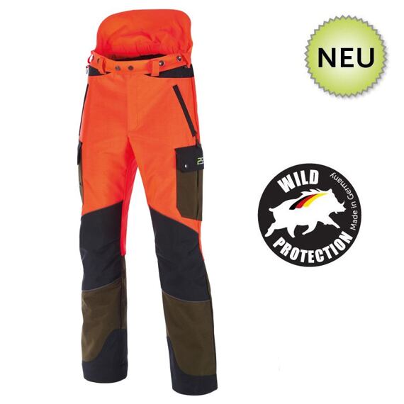 Ochranné pracovní kalhoty s reflexními prvky a kapsou na boku, určené pro bezpečnost při práci v přírodě, značené logem Wild Protection a označením novinky.