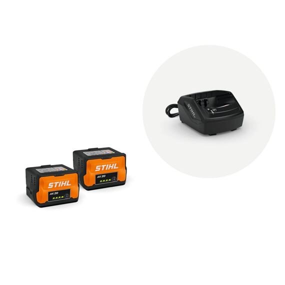 Dvě baterie STIHL AK 20 a nabíječka STIHL pro dobíjení akumulátorových baterií.
