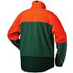 Zadní strana pracovní bundy se stojáčkem, oranžový vrchní díl a zelený spodní díl s dlouhými rukávy.