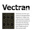 Název Vectran s popisem materiálu jako syntetické high-tech vlákno inspirované přirozenou hedvábnou nití, s texturou ukazující strukturu vláken a informací o tekutě krystalickém 