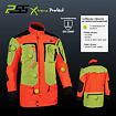 Ochranná bunda PSS Xtreme Protect s certifikací EN 13567 proti propíchnutí, zvýrazněné části s ochranou zahrnují hrudník, břicho, horní a dolní část paží a spodní část zad.