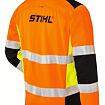 Zádová strana pracovní reflexní bundy s nápisem STIHL, určené pro zvýšení viditelnosti při práci ve venkovním prostředí.