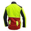 Pracovní bunda se zvýrazňujícími bezpečnostními prvky, kombinace žluté a červené s tmavými rukávy, určená pro lepší viditelnost a komfort při práci.