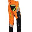 Pracovní kalhoty s ochranou proti pořezání, určené pro práci v lese, s vysokou viditelností, reflexními pruhy a několika kapsami včetně kapsy na telefon.