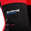 Detail části černo-červených pracovních kalhot s nápisem Gladiator Ventilation určených pro lepší prodyšnost.