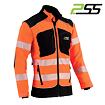 Pracovní bunda s reflexními pásy určená pro zvýšení viditelnosti a bezpečnosti, vybavená zipovými kapsami na hrudi a bocích.