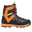 Turistická vysoká bota s výraznou oranžovou výztuží, černým materiálem, pružnou podrážkou Vibram a systémem 3D podpory kotníku určená pro náročné terény.