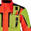 Pracovní bunda s vysokou viditelností obsahující kapsu na vysílačku s vysílačkou a zipovou kapsou na levém rukávu.