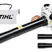 Motorový foukač a vysavač listí značky STIHL s připojitelným sběrným vakem a dvěma nástavci pro různé způsoby foukání.