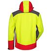 Zádová část pracovní měkké bundy s kapucí, kombinace reflexních barev žluté, červené a šedé pro zvýšenou viditelnost.