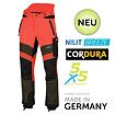 Pracovní kalhoty navržené pro ochranu proti pořezání s použitím materiálů Nilit Breeze a Cordura, vyrobené v Německu, označené jako nové a ekologicky šetrné.